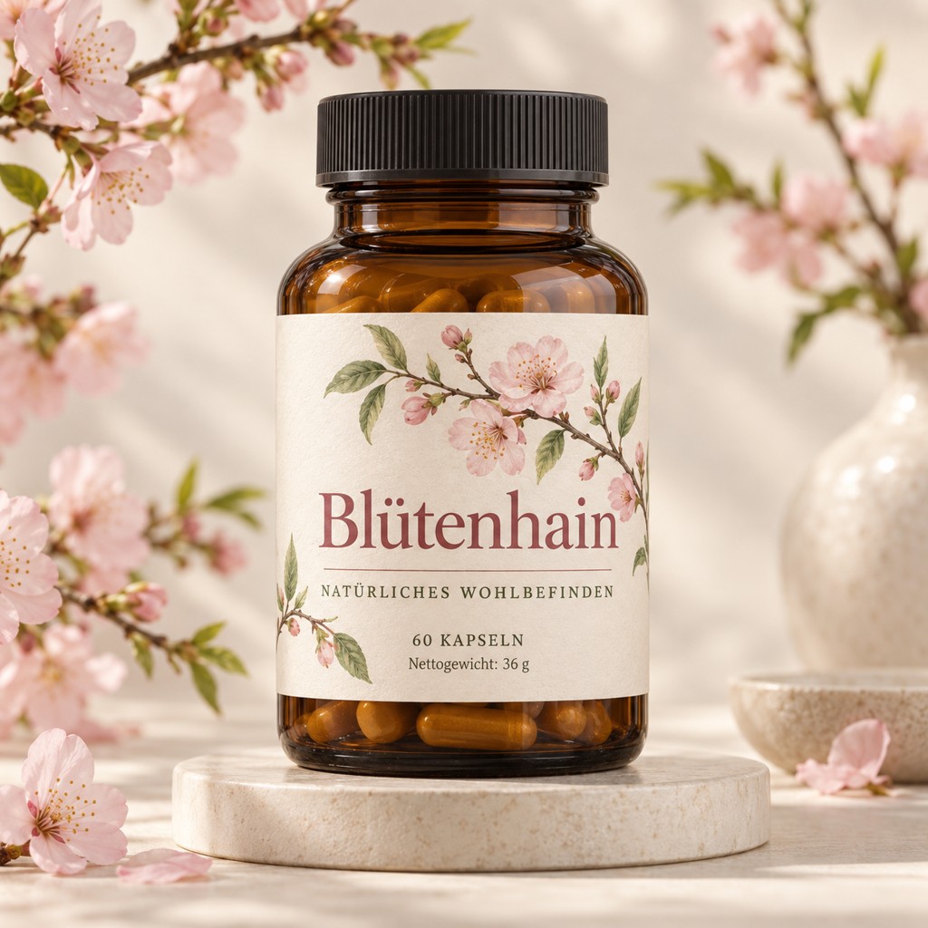Blütenhain in einer Produktaufnahme mit lesbarem Etikett